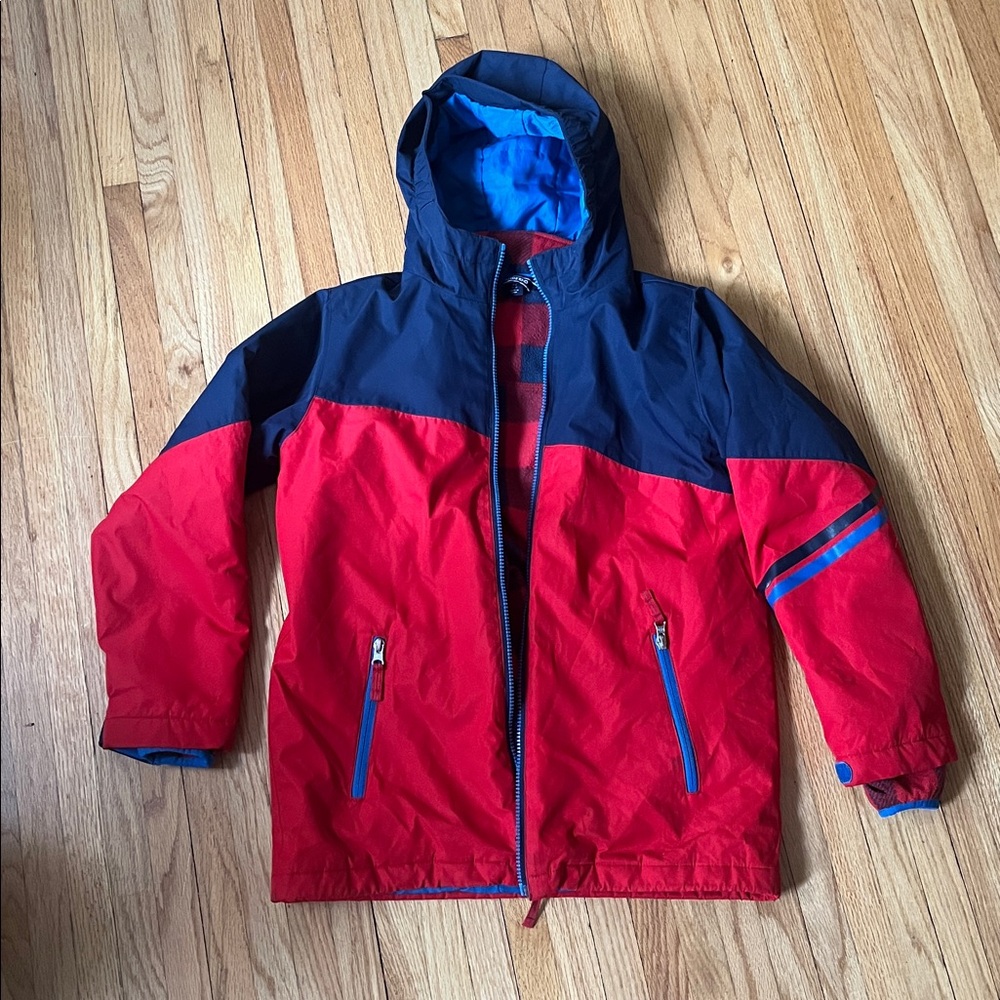 Lands End Boys size Medium 10-12 red/blue Hooded Waterproof layer Stormer Jacket